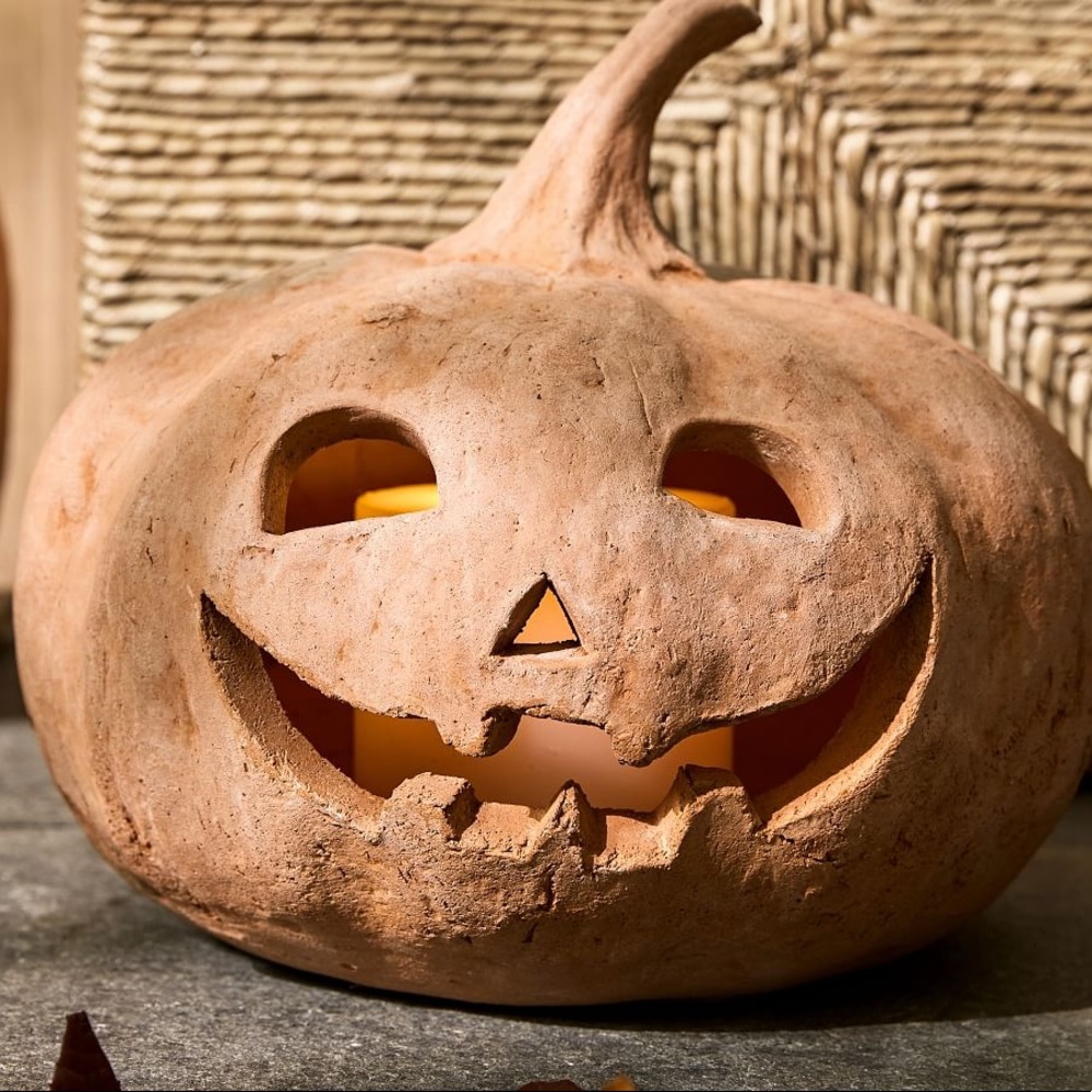 Pottery Barn Medium Size Handmade Terracotta Spooky and Cute Jack O' Lan…